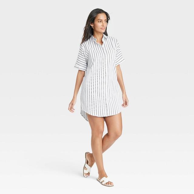 Womens Easy Woven Mini Shirtdress - A New Day White Striped S Product Image