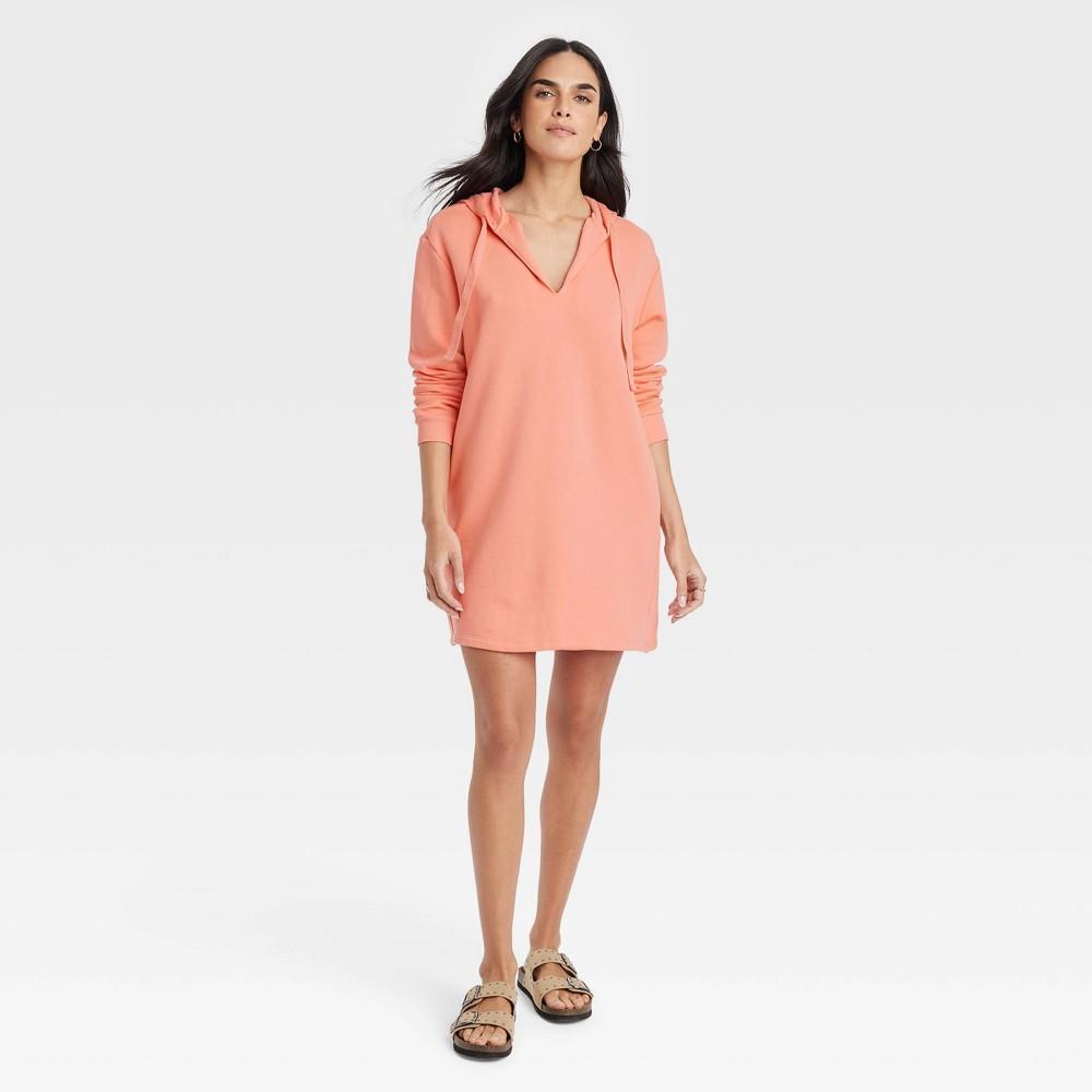 Womens Long Sleeve Mini Fleece Tunic Dress - Universal Thread Coral Orange M Product Image