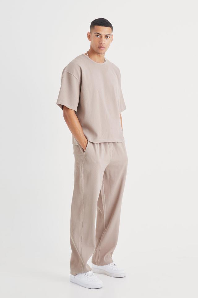 Mens Beige Pleated Oversized Boxy T-shirt & Trouser, Beige Product Image