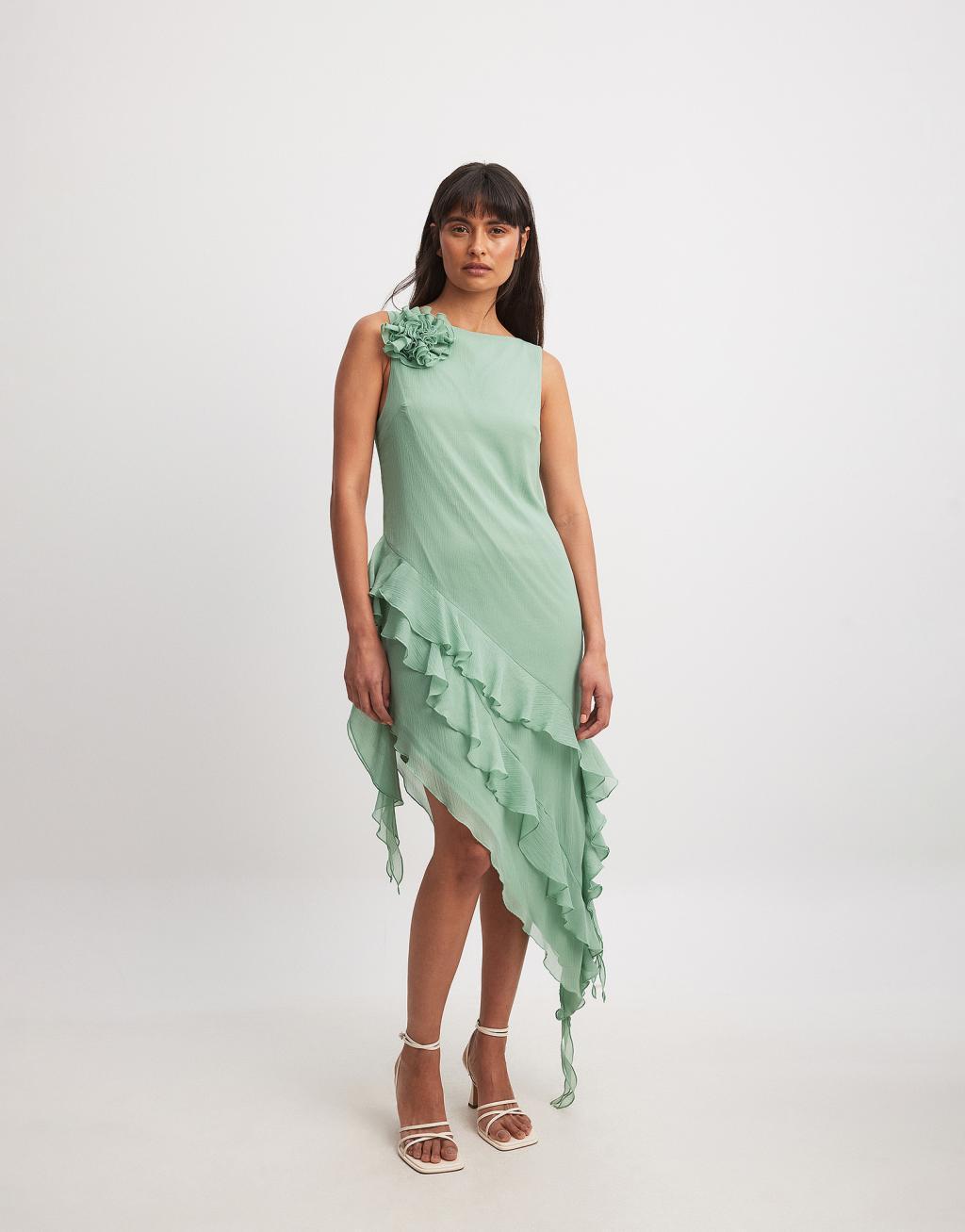 NA-KD chiffon ruffle detail midi dress in green Product Image