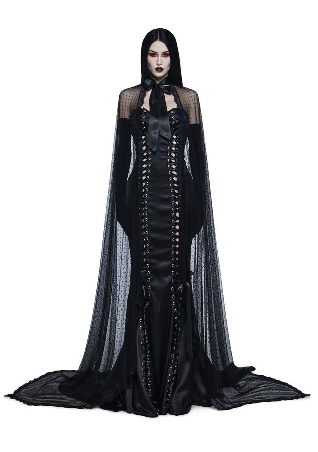 Widow Vampire Goth Mesh Lace Swiss Dot Ribbon Cape - Black Product Image