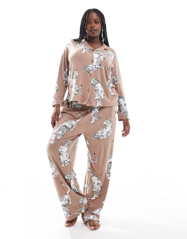 Chelsea Peers Exclusive Curve poly tiger print button long sleeve top and pants pajama set in chocolate brown Product Image