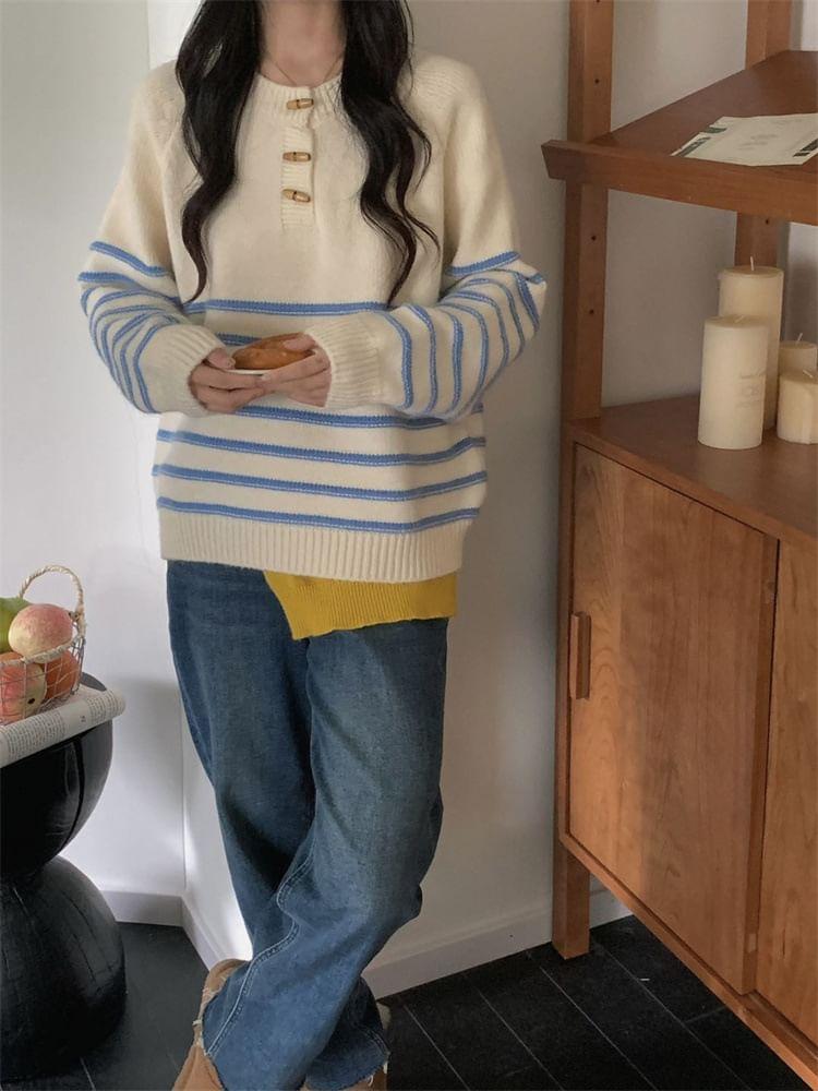 Crewneck Toggle Striped Sweater Product Image