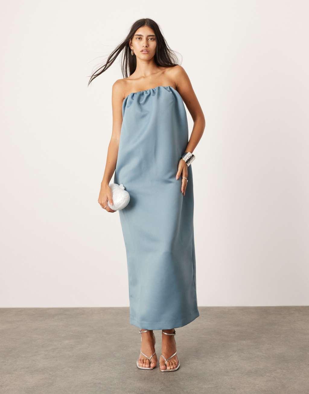 ASOS EDITION bandeau heavy satin maxi dress in blue Product Image