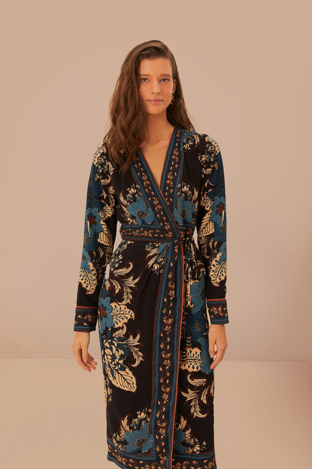 Black Blossom Tapestry LENZING™ ECOVERO™ Viscose Midi Wrap Dress Product Image