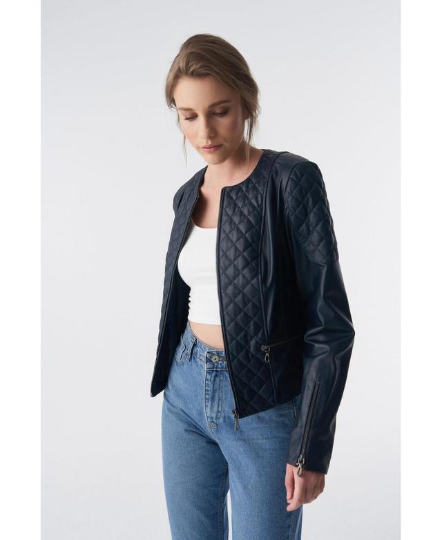 Furniq Uk Womens Genuine Leather Quilted Biker Jacket Navy Product Image