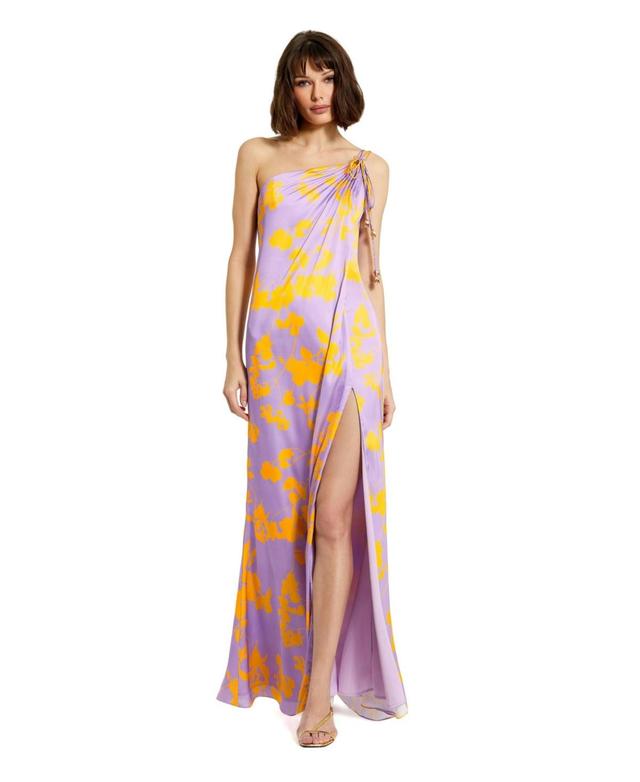 Mac Duggal Womens Printed Charmeuse One Shoulder Slit Detail Gown Product Image