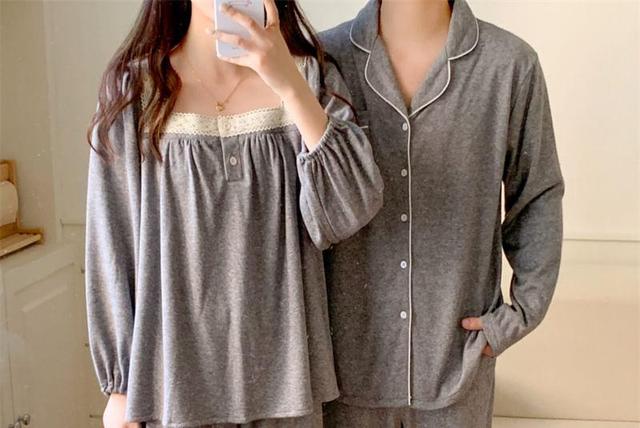 Couple Matching Long-Sleeve Pajama Top / Pants / Dress / Set Product Image