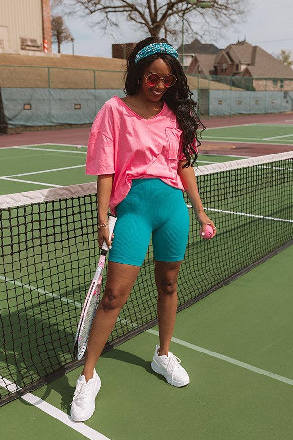 Up At Dawn High Waist Ribbed Biker Shorts in Turquoise Product Image