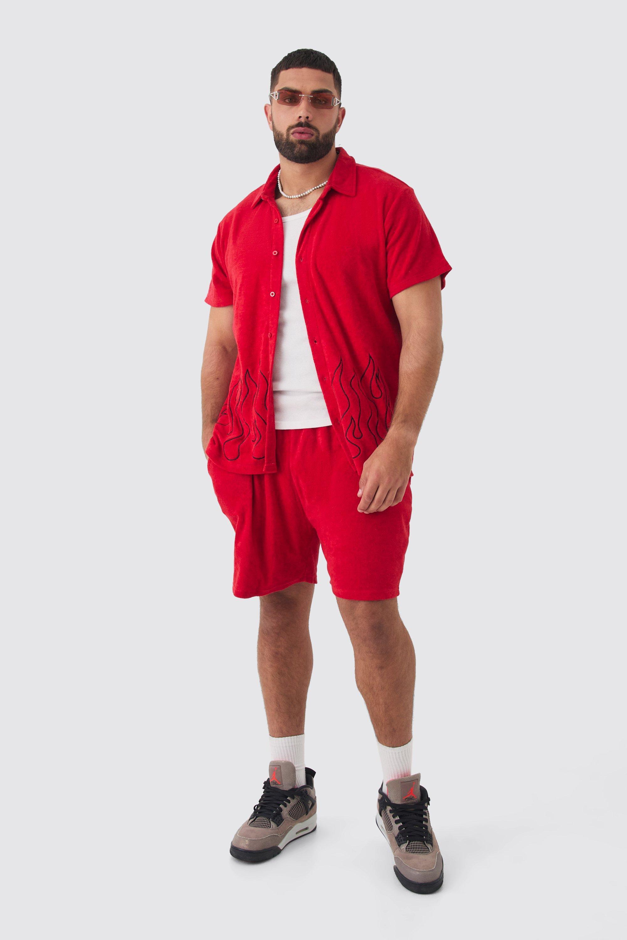 Plus Flame Embroidered Towelling Shirt & Short Set Red | boohooMAN USA Product Image