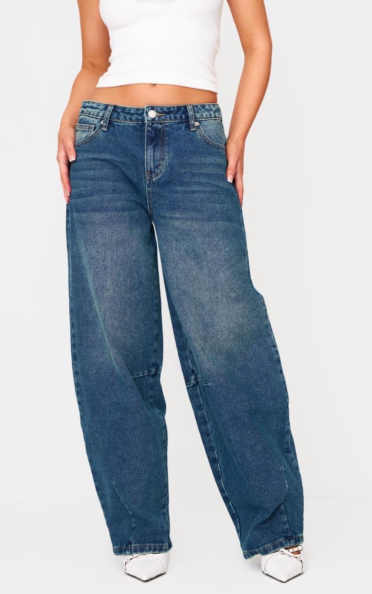 Petite Blue Denim Seam Detail Barrel Leg Jeans Product Image