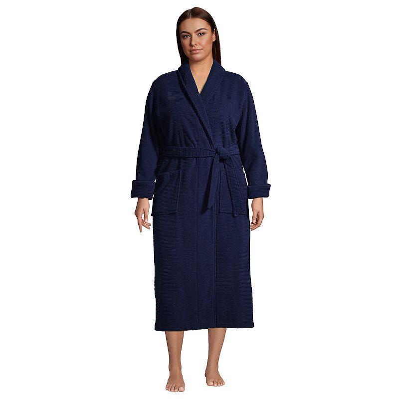 Plus Size Lands End Cotton Terry Long Spa Bath Robe, Womens Dark Blue Product Image