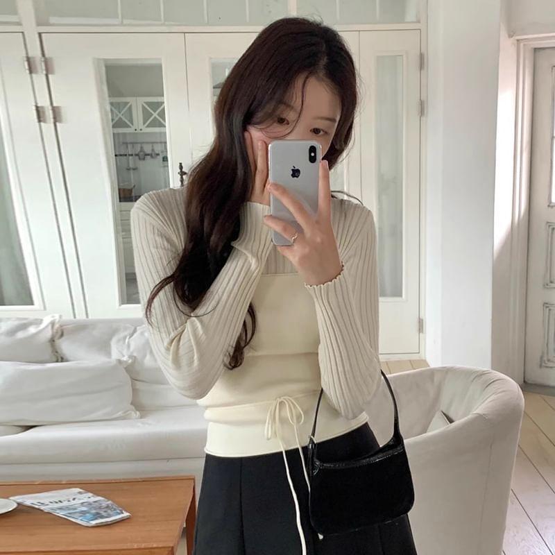 Set: Long Sleeve Round Neck Plain Ribbed Knit Top + Tube Top Product Image