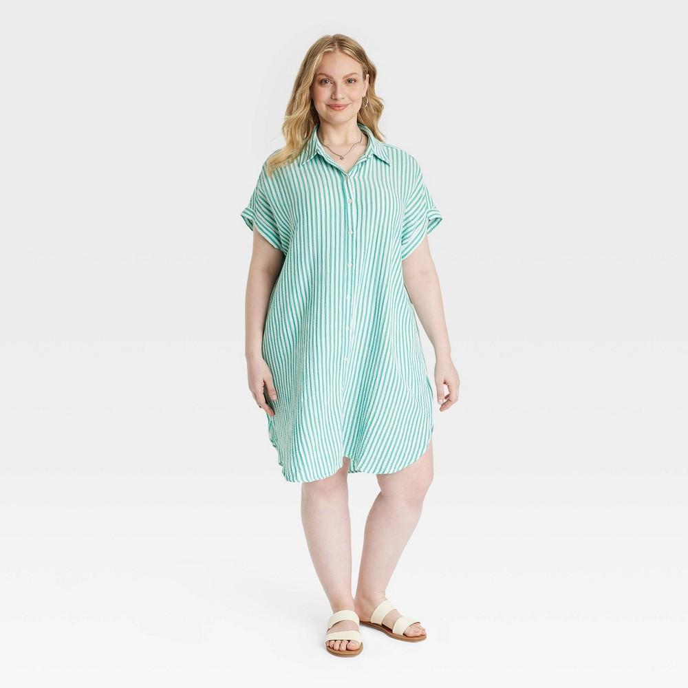 Womens Short Sleeve Mini Summer Shirtdress - Universal Thread Green Striped XXL Product Image