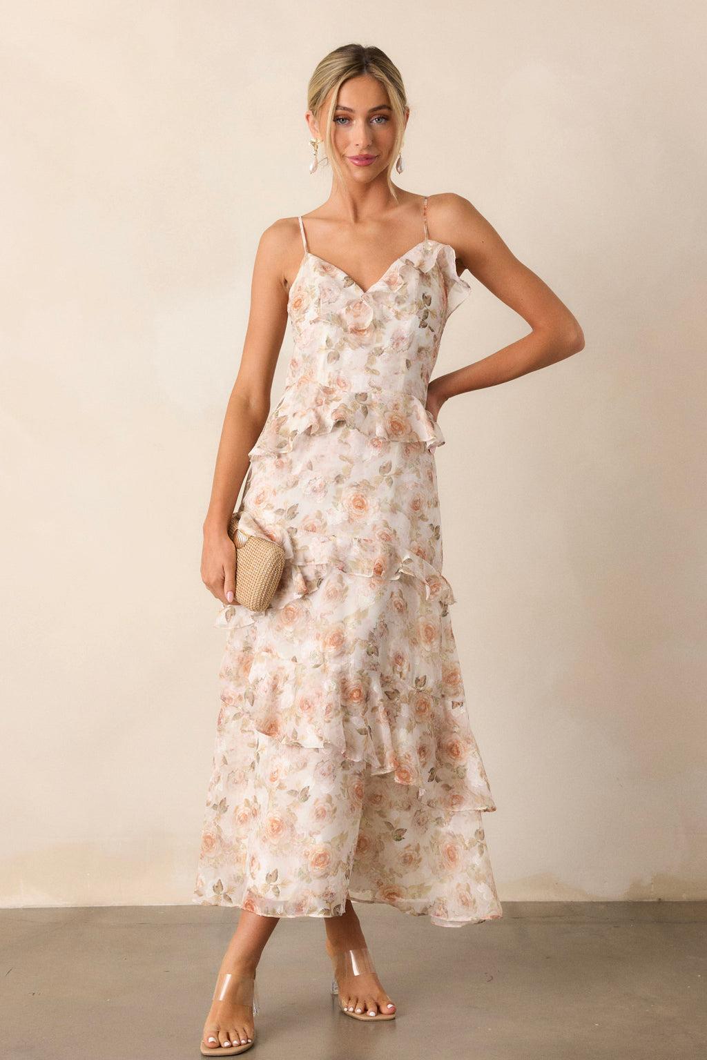 Searching For Love Ivory Floral Ruffle Midi Dress Product Image