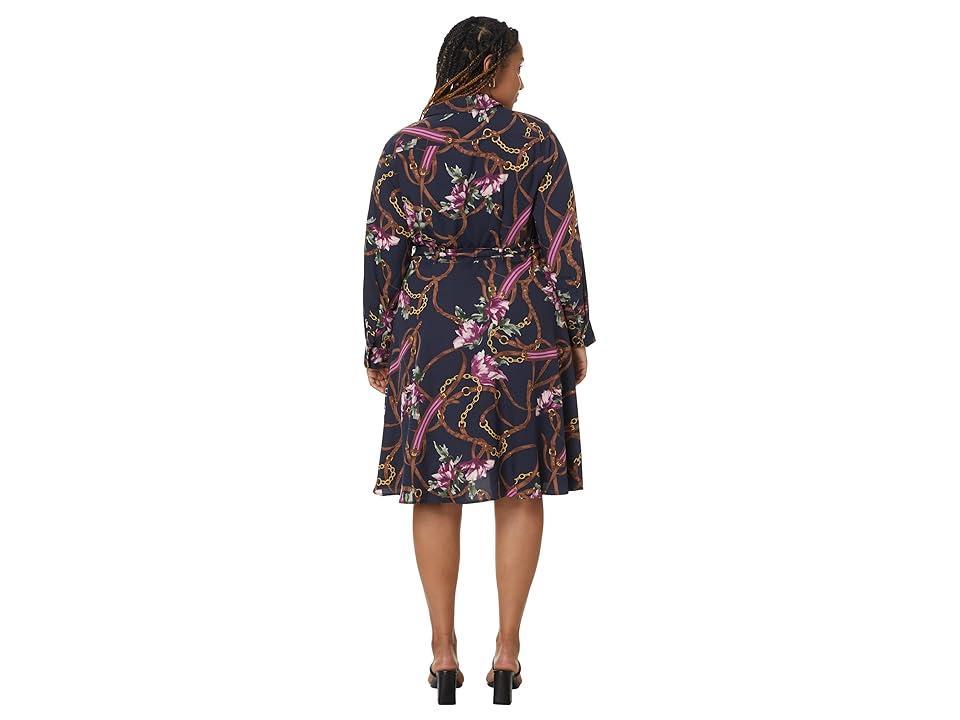 Lauren Ralph Lauren Plus Size Print Crepe Shirtdress (Navy Multi 1) Women's Clothing Product Image