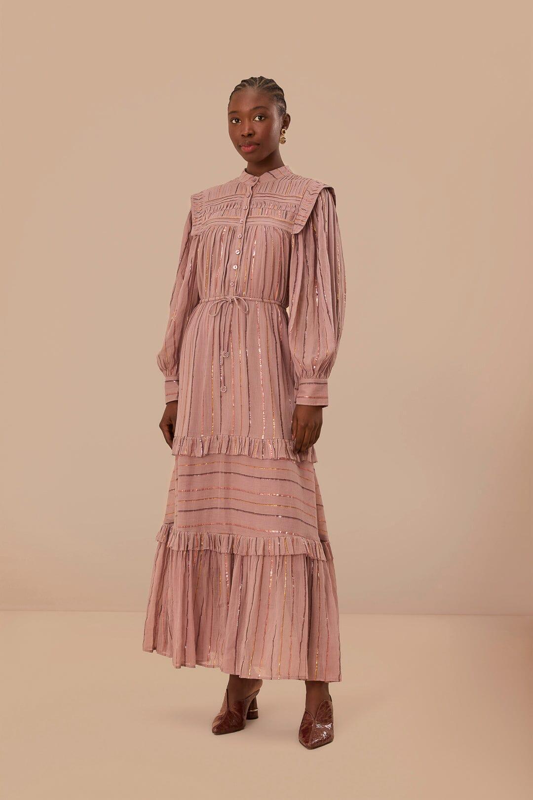 Light Pink Pleated Yoke Tiered Maxi Dress, PINK / XS Product Image