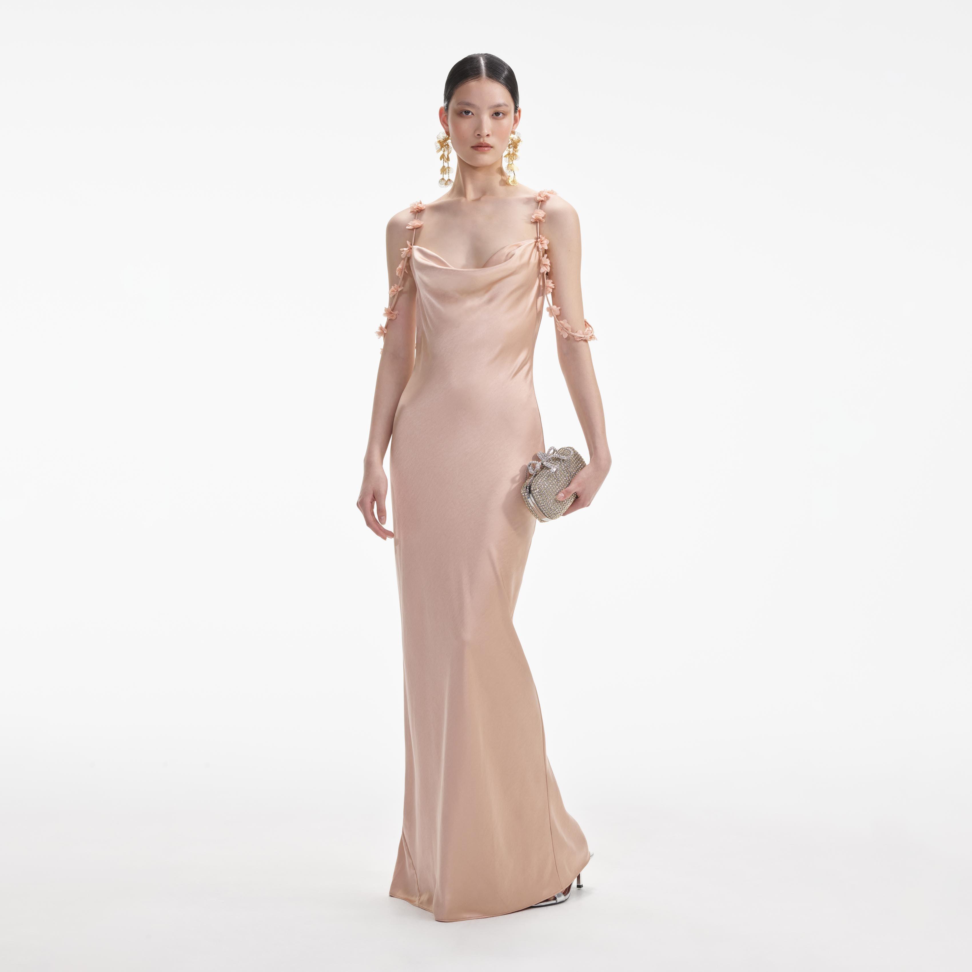 Rose Gold Satin Flower Maxi Dress Product Image