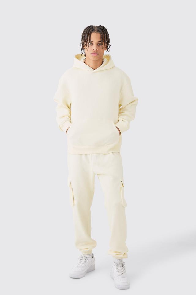 Mens Cream Oversized Boxy Hooded Cargo Tracksuit, Cream Product Image