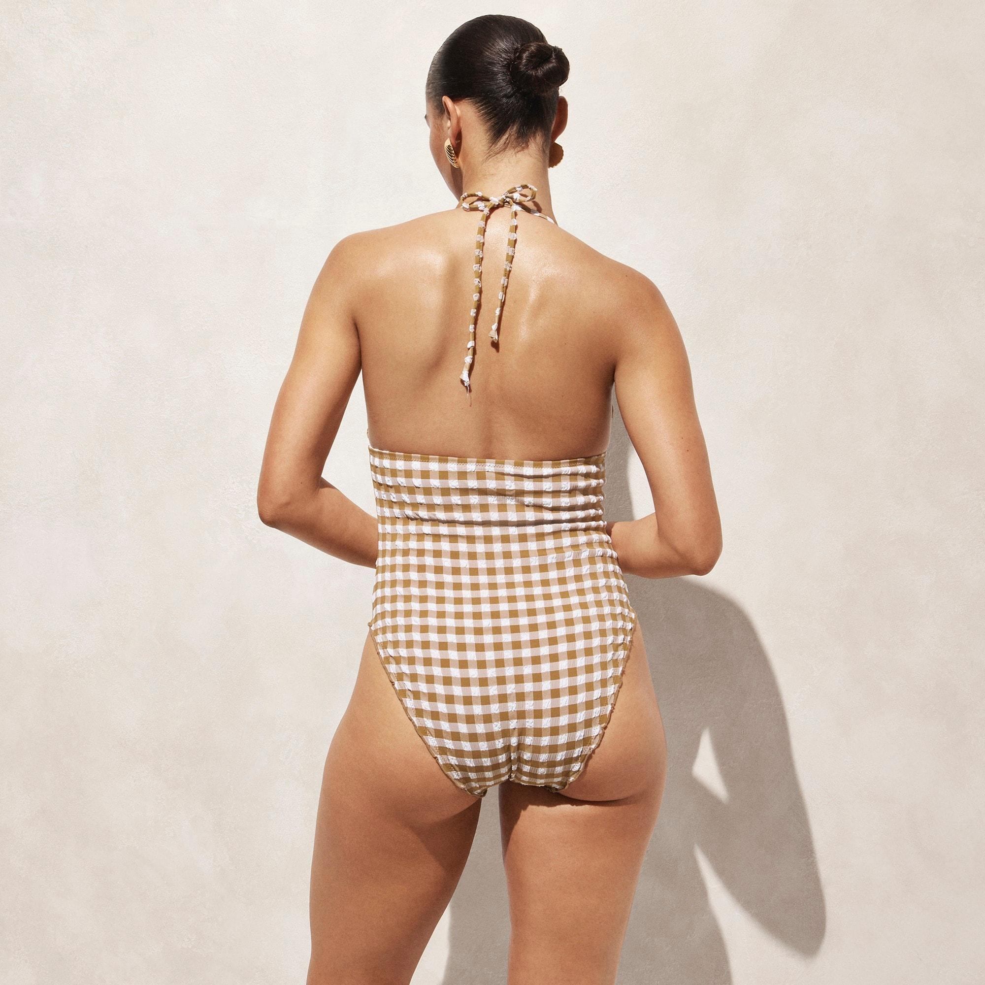 Ruched plunge one-piece swimsuit in gingham Product Image