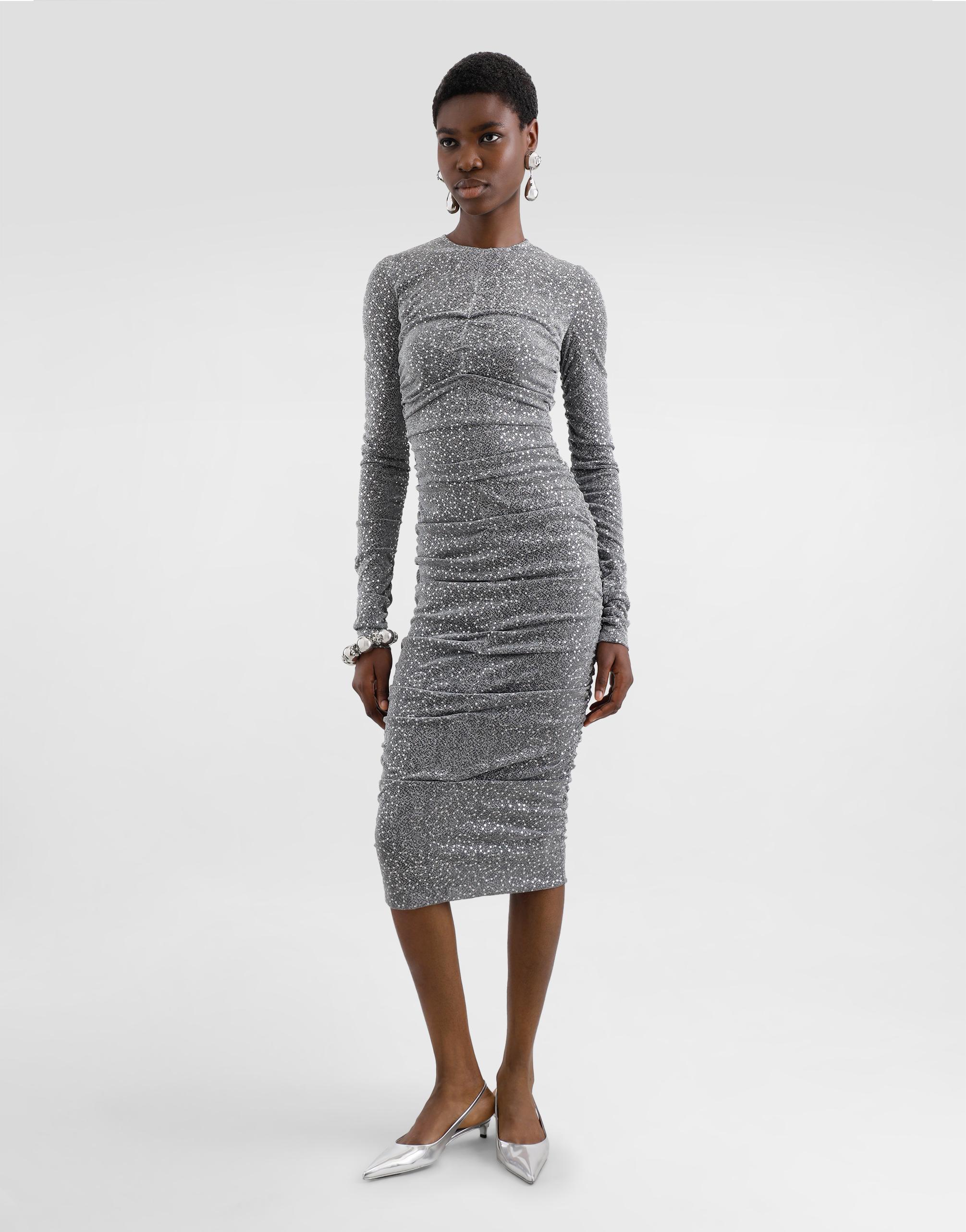 DOLCE & GABBANA Sequined Draped Calf-length Dress In Silver Product Image