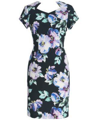 Connected Womens Floral-Print Short-Sleeve Sheath Dress Product Image