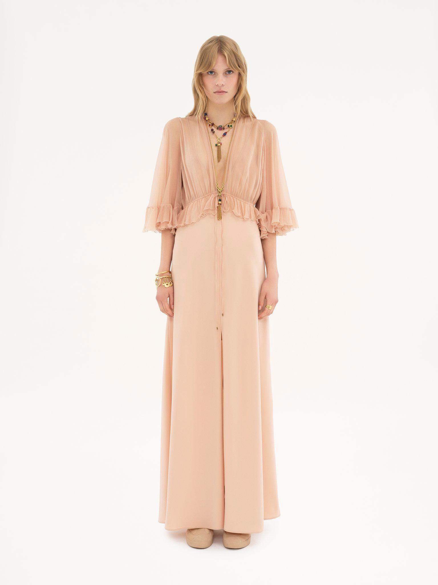 V-neck long dress in crêpe satin Product Image