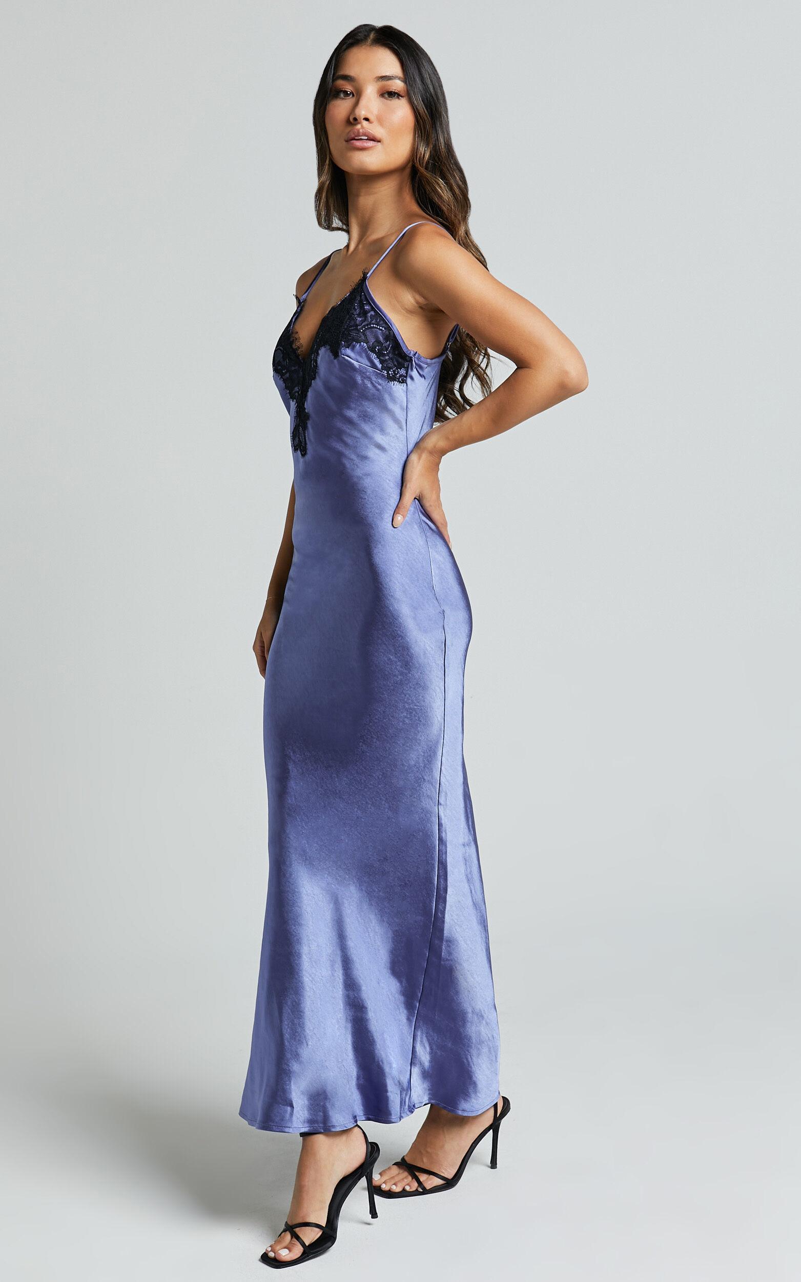 Ofeliya Midi Dress - Lace Trim Satin Slip Dress in Cornflower Blue Product Image