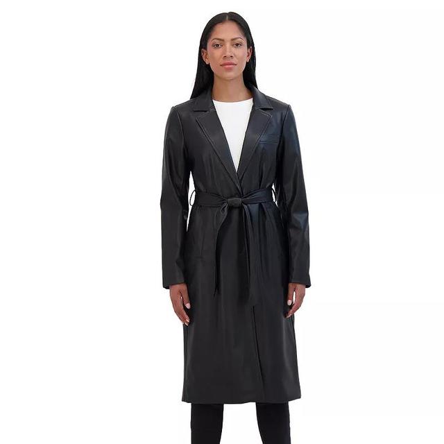 Womens Sebby Collection Long Snap Front Faux Leather Trench Coat Product Image