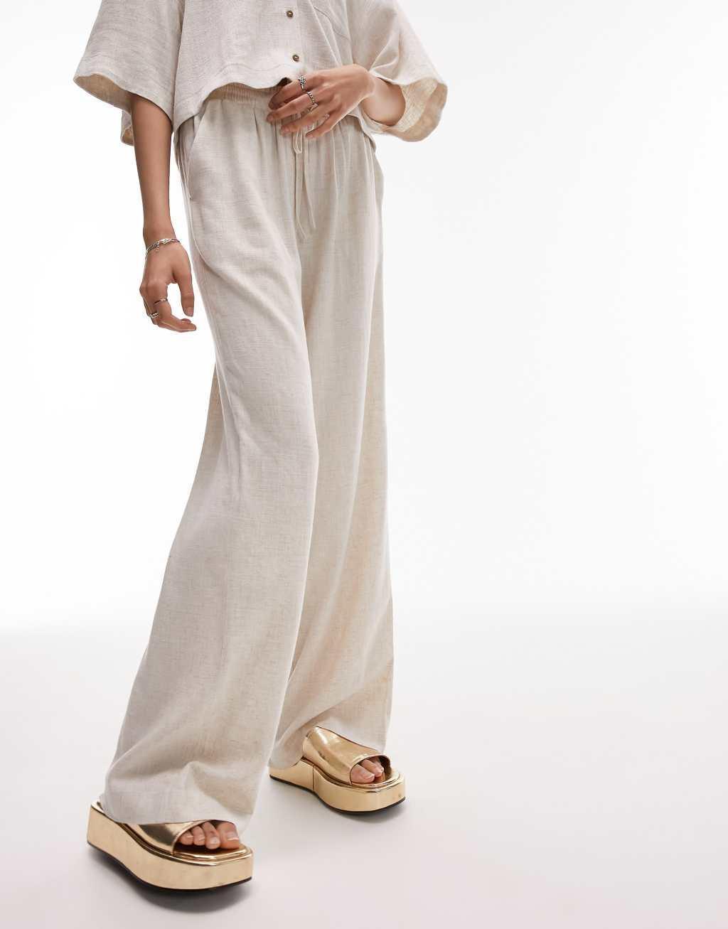 Topshop sand linen look wide leg relaxed pants in neutral - part of a set Product Image