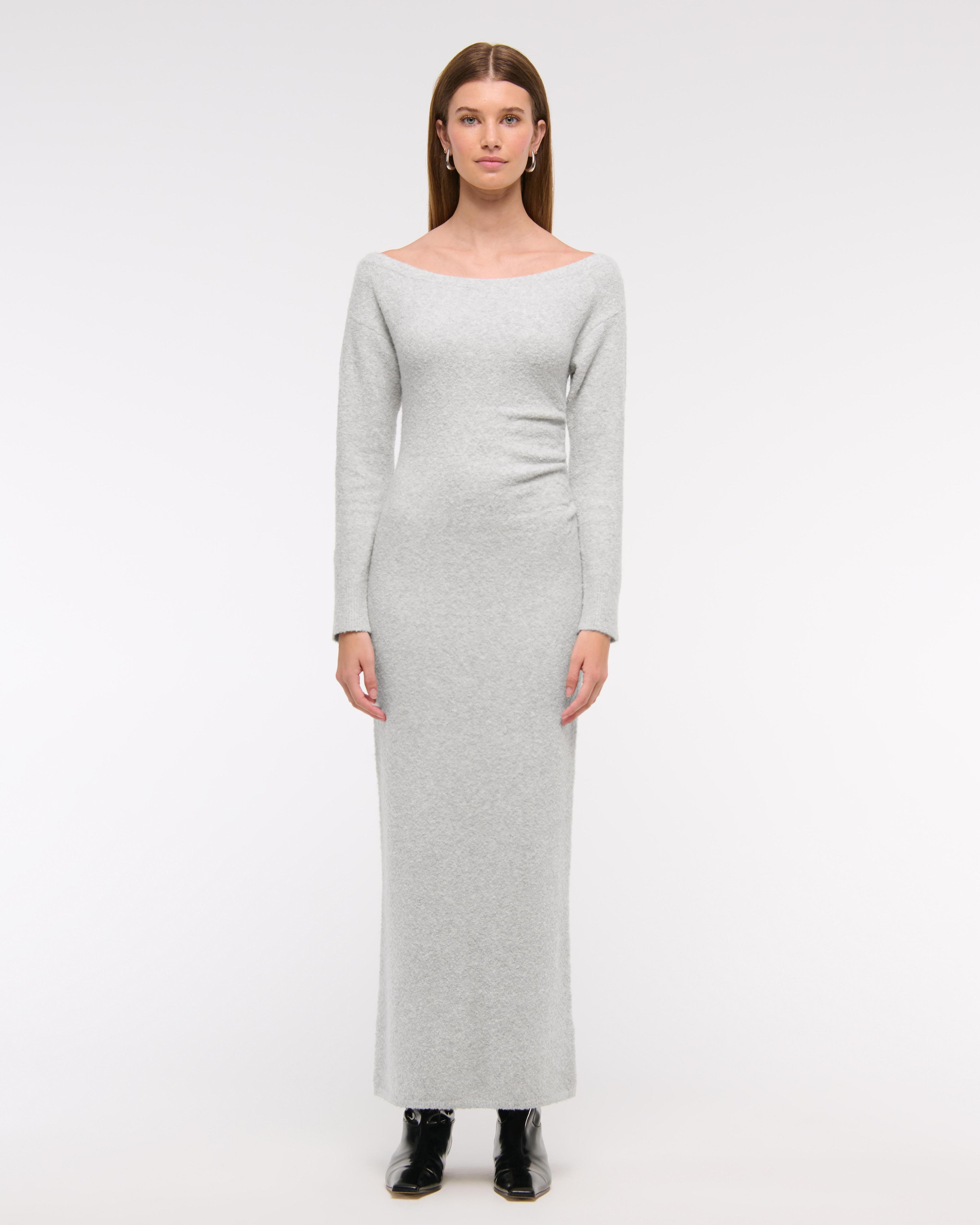 Off-The-Shoulder Boucle Maxi Sweater Dress Product Image