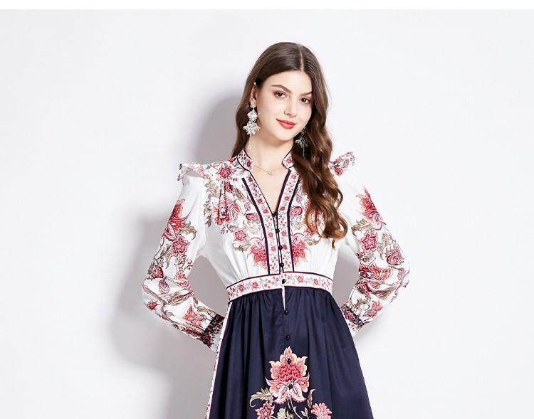 Long Sleeve V-Neck Floral Print Frill Button Midi A-Line Dress Product Image