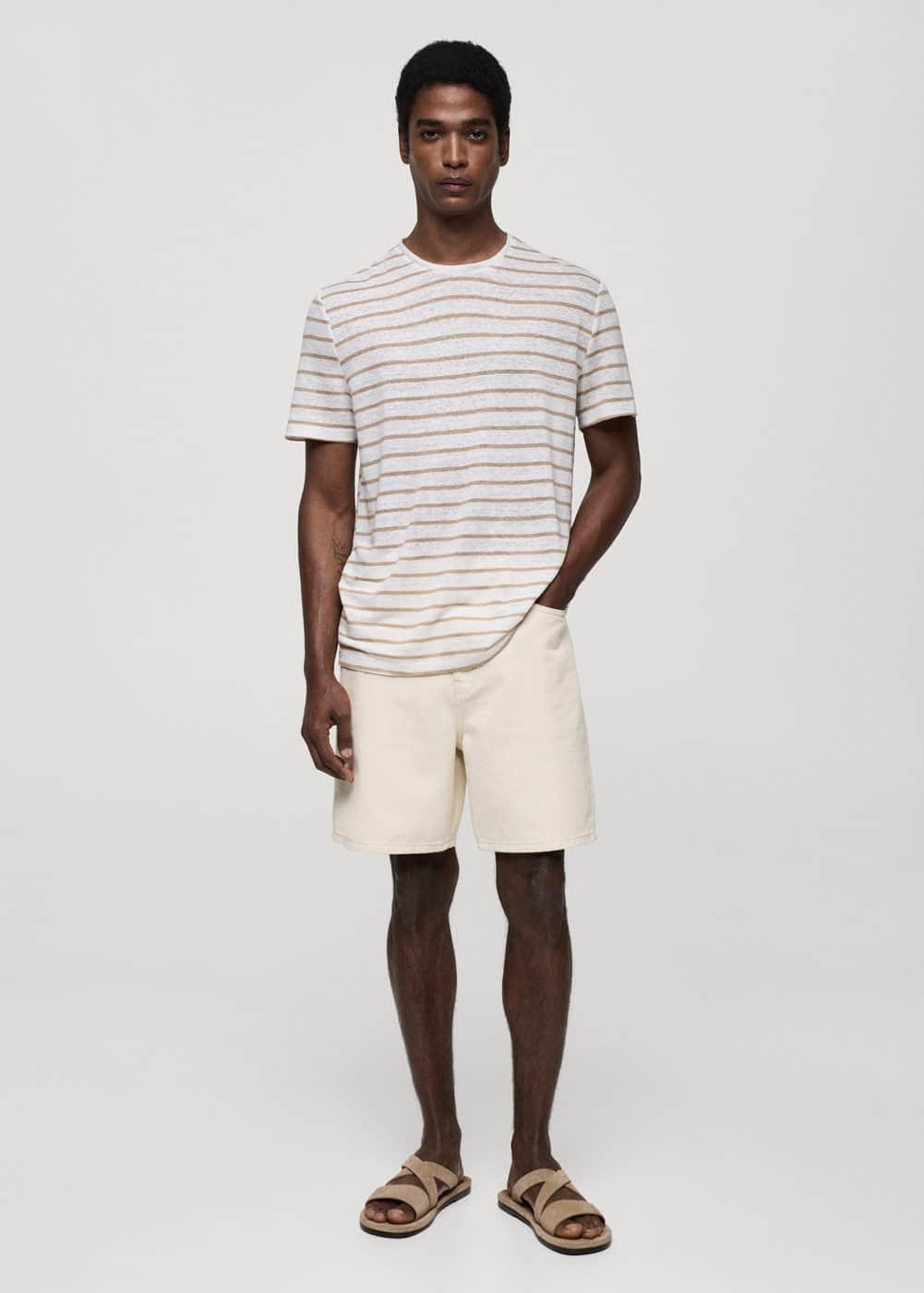 MANGO MAN - 100% linen striped t-shirt whiteMen Product Image