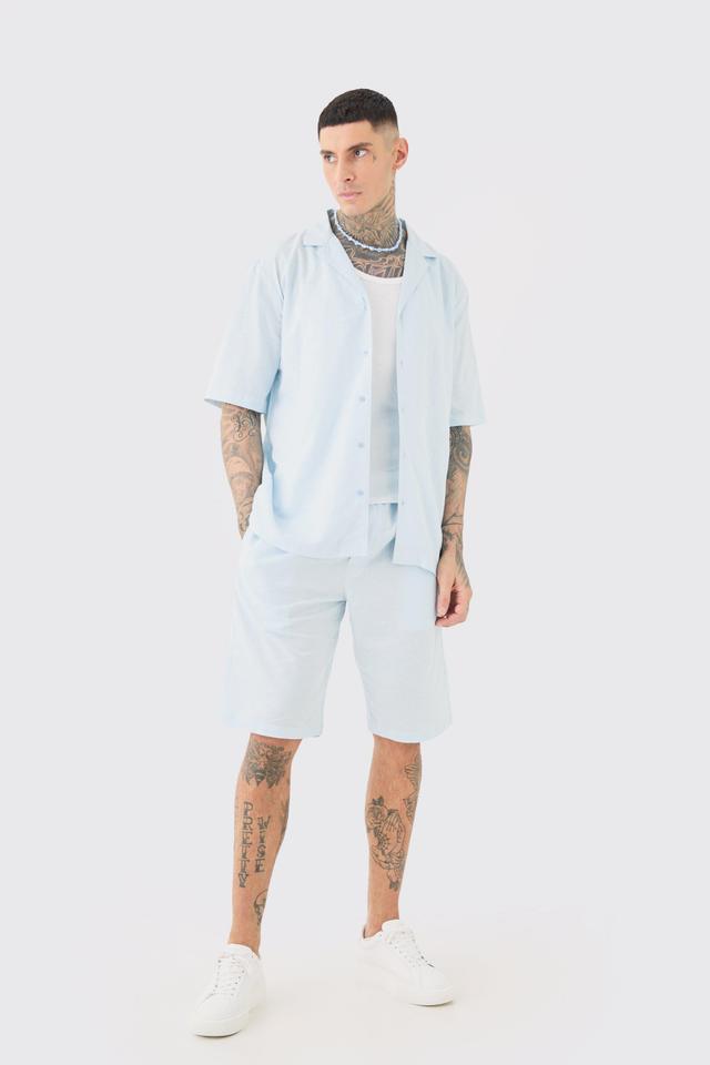 Tall Drop Revere Linen Shirt & Short Set In Light Blue | boohooMAN USA Product Image