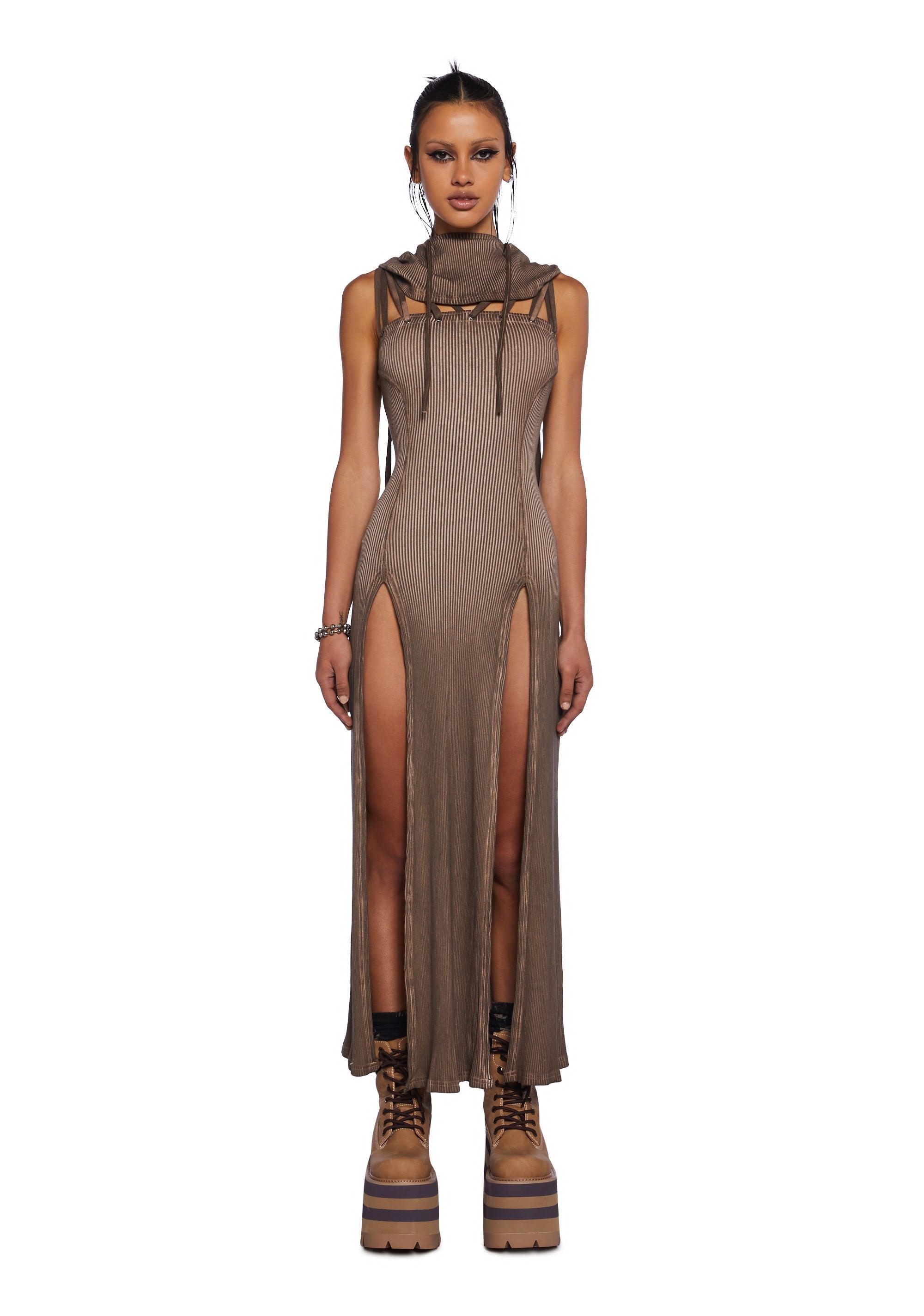 Darker Wavs Smoke Hooded High Slit Maxi Dress - Brown Product Image