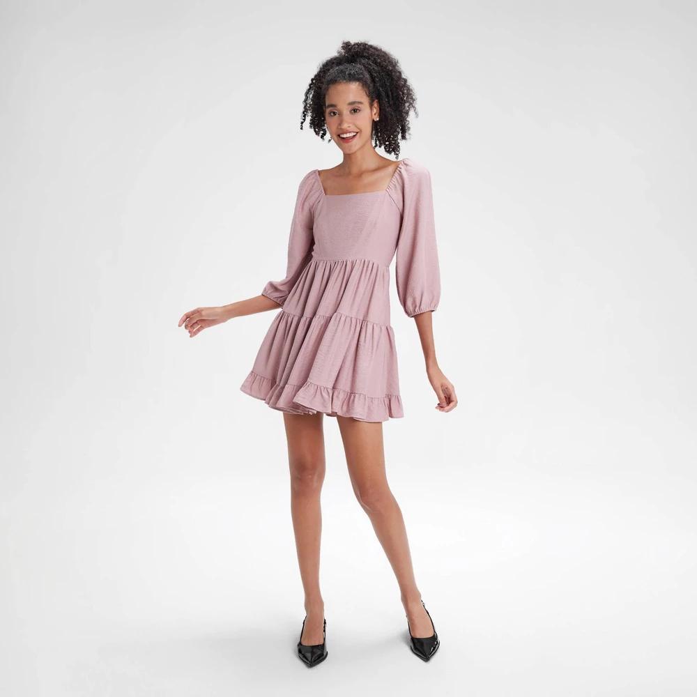 Womens Puff 3/4 Sleeve Tiered Mini Dress - Wild Fable Rose XXL Product Image