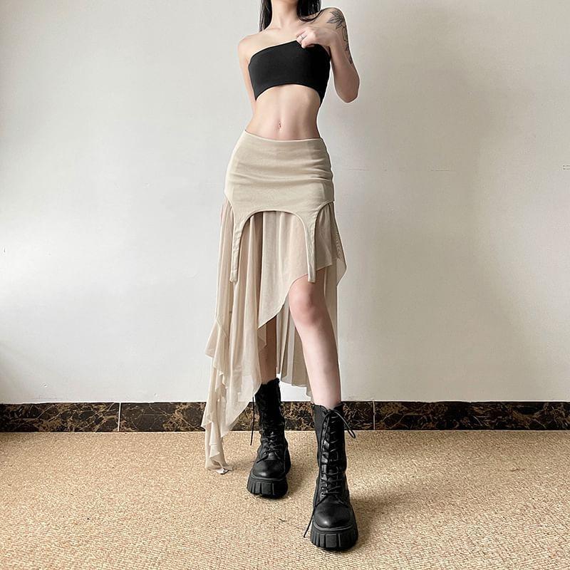 Mid Rise Plain Asymmetrical Panel Mesh A-Line Skirt Product Image