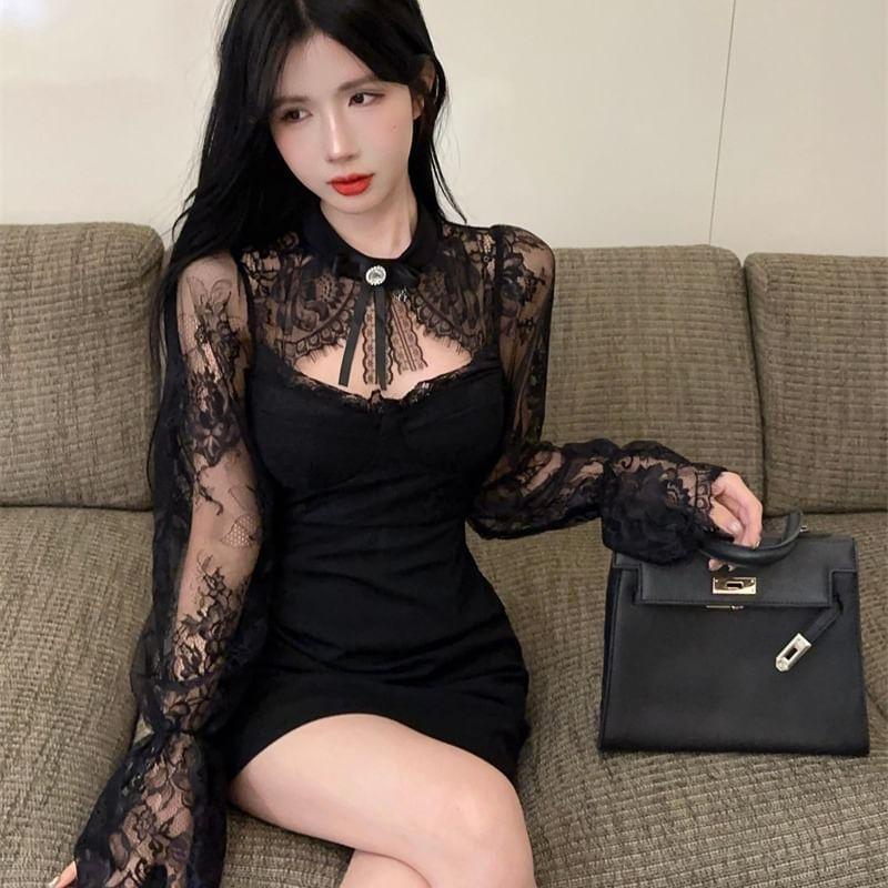 Long Sleeve Crew Neck Plain Bow Cutout Panel Lace Mini Sheath Dress Product Image