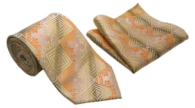 Gold Orange Geometric Square and Scroll Pattern Men's Classic Tie and Pocket Square Set Product Image