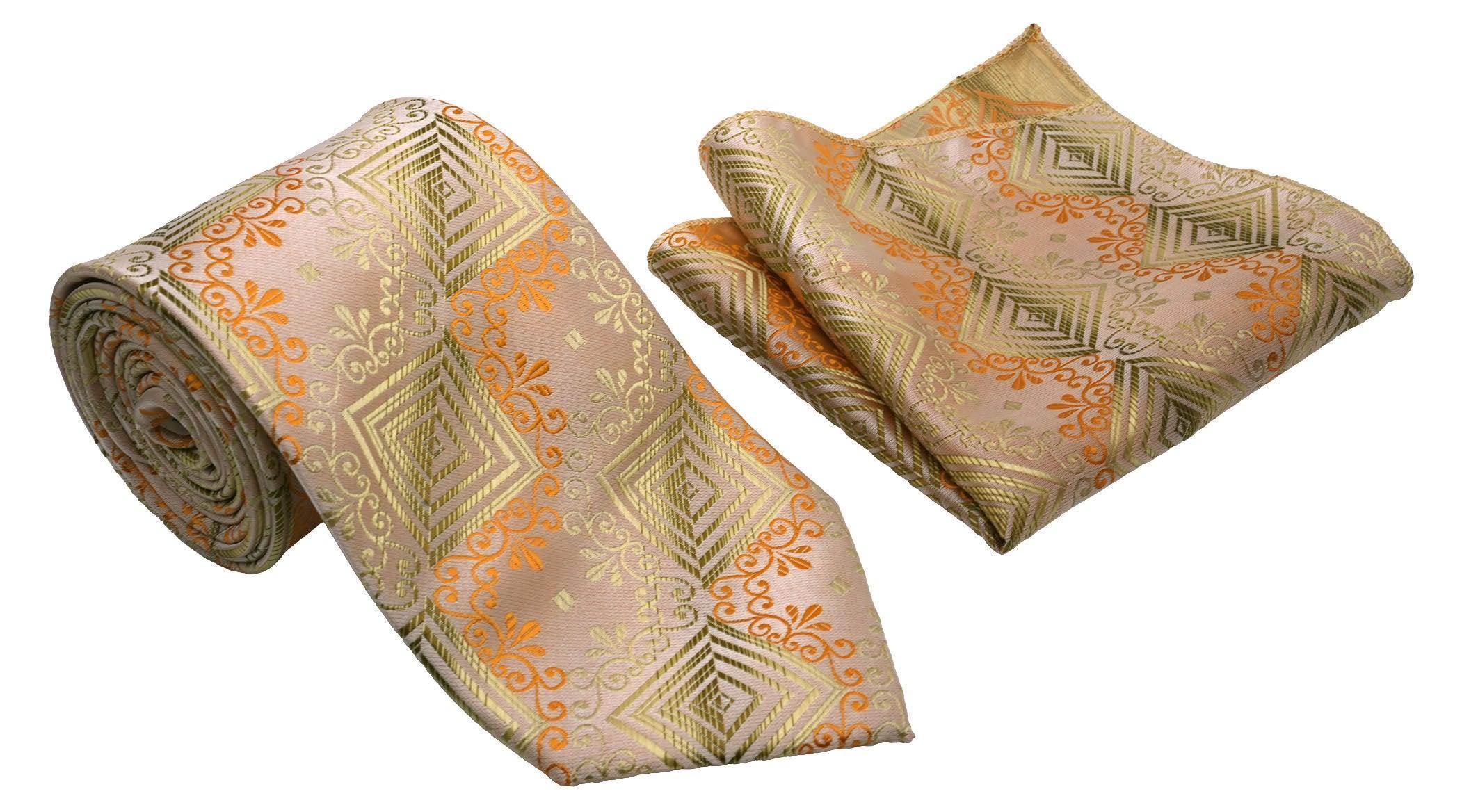 Gold Orange Geometric Square and Scroll Pattern Men's Classic Tie and Pocket Square Set Male Product Image