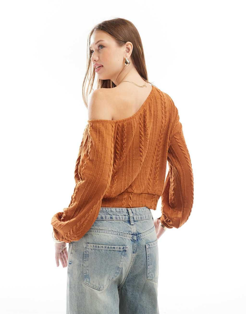 ASOS DESIGN cable knit one-shoulder sweater in brown Product Image