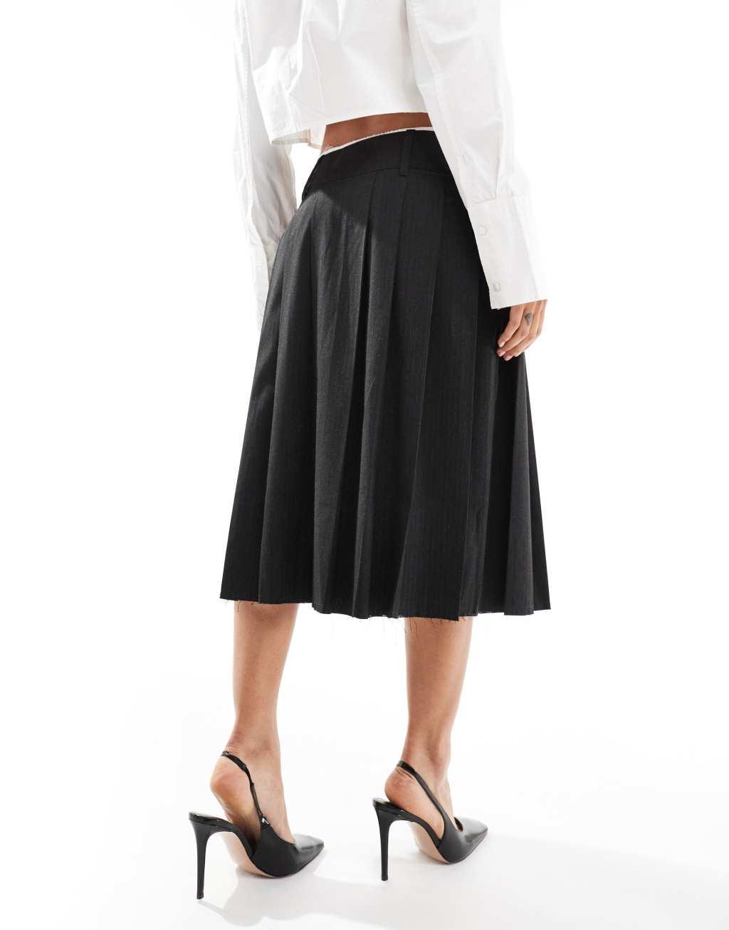 ASOS DESIGN raw edge pleated tailored midi skirt in charcoal stripe Product Image