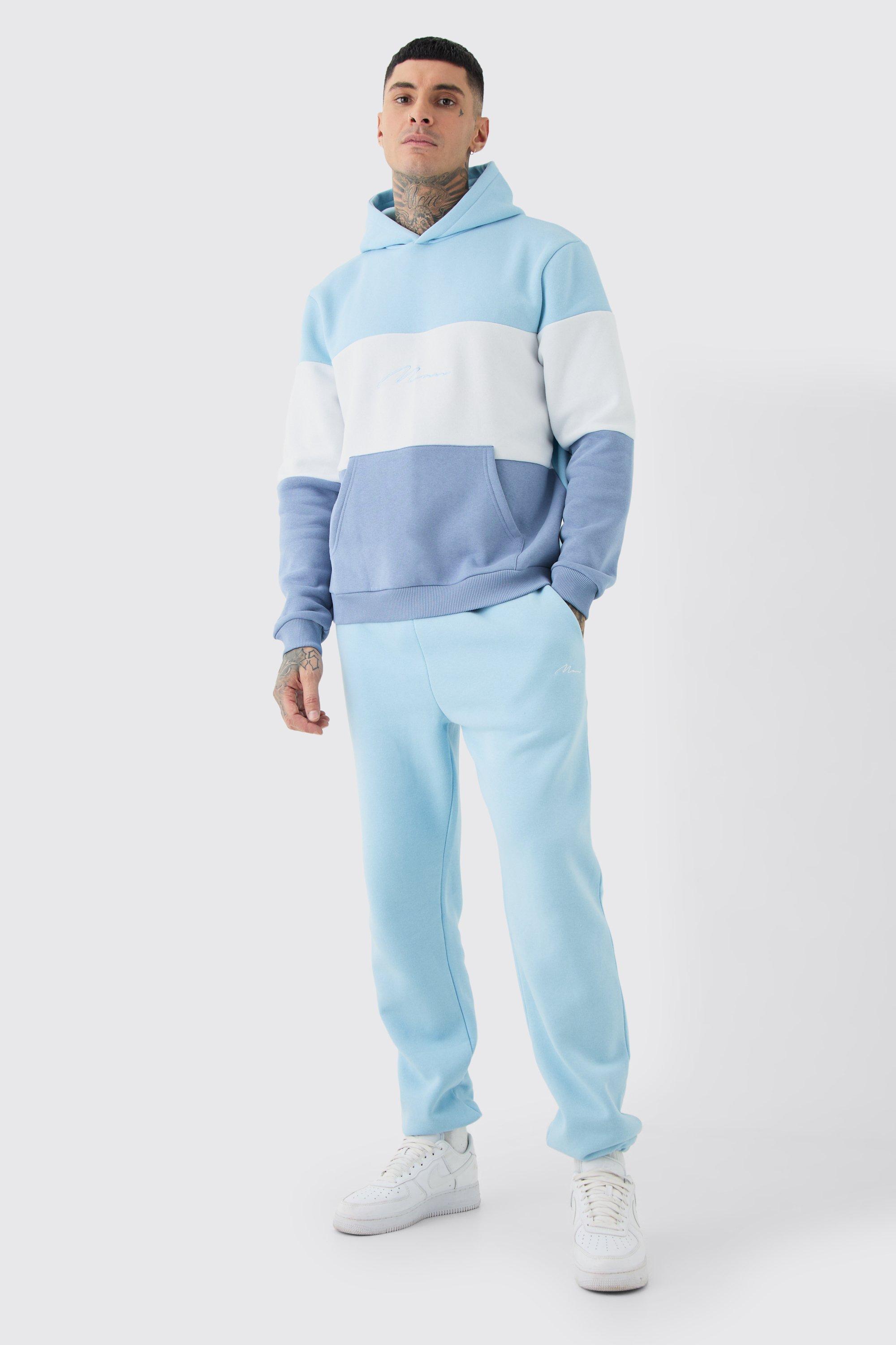 Tall Colour Block Man Hooded Tracksuit In Light Blue | boohooMAN USA Product Image