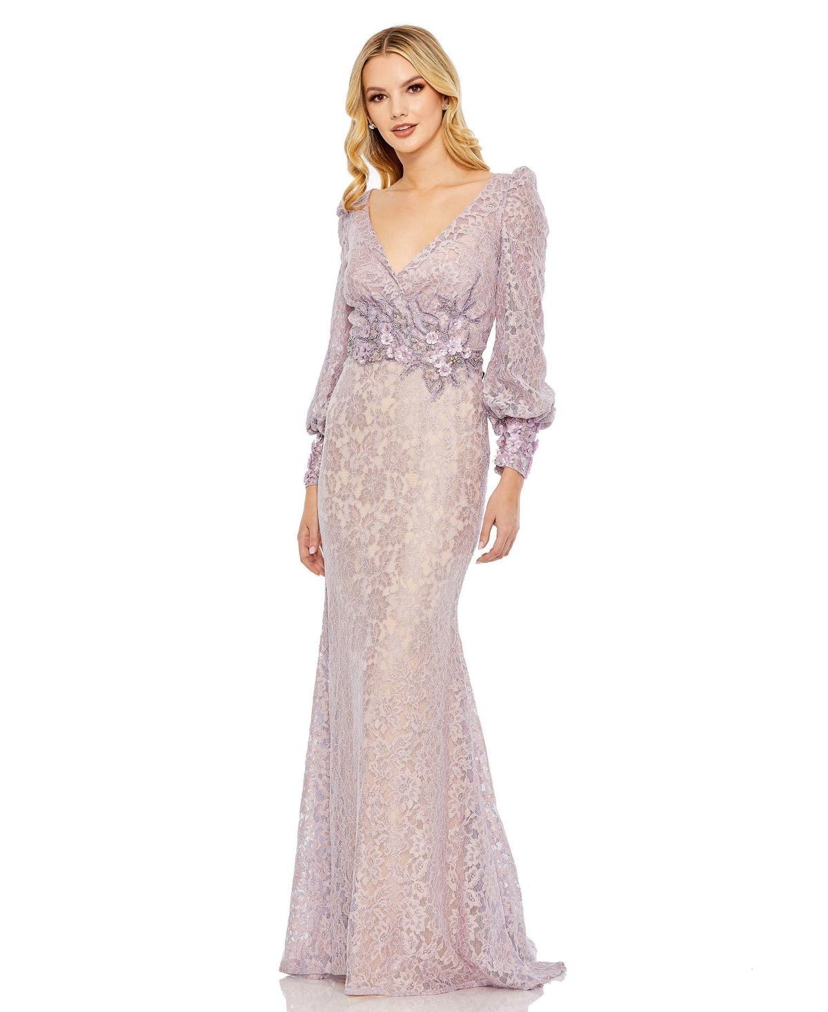 Womens Floral Lace Long-Sleeve Gown Product Image