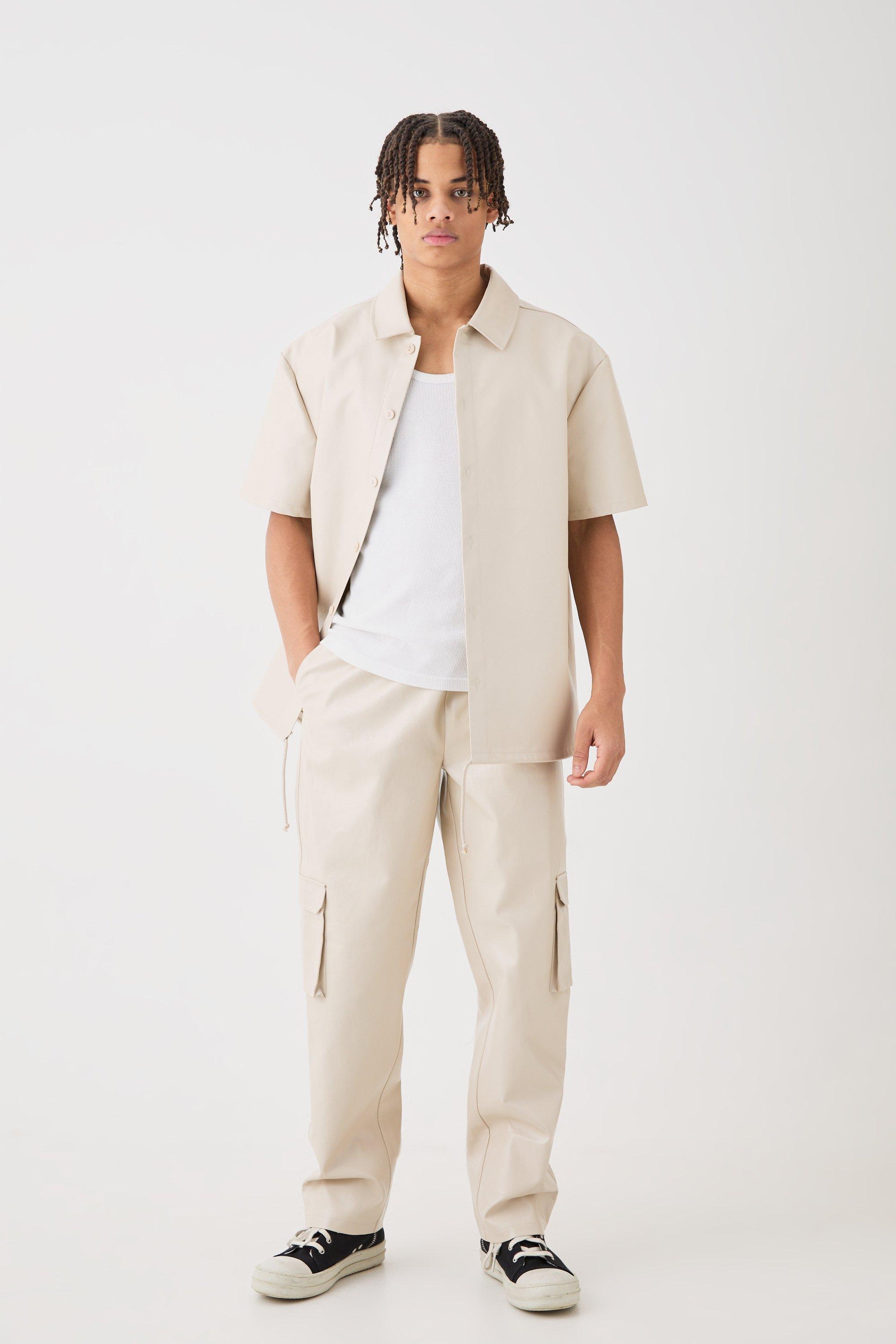 Mens Beige Short Sleeve Drop Shoulder Pu Overshirt & Cargo Trouser Set, Beige Product Image