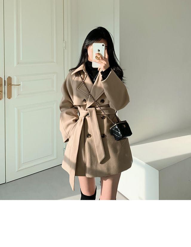 Long Sleeve Lapel Double-Breasted Belted Woolen Blend Coat Product Image