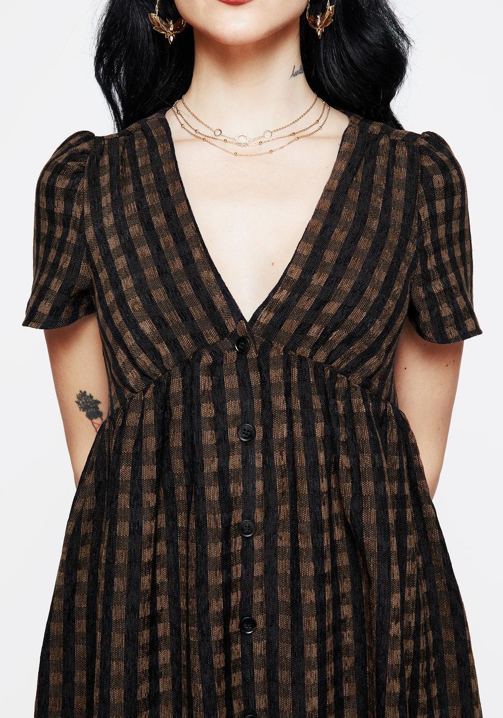 Rydal Check Button Up Midi Dress - Brown Product Image