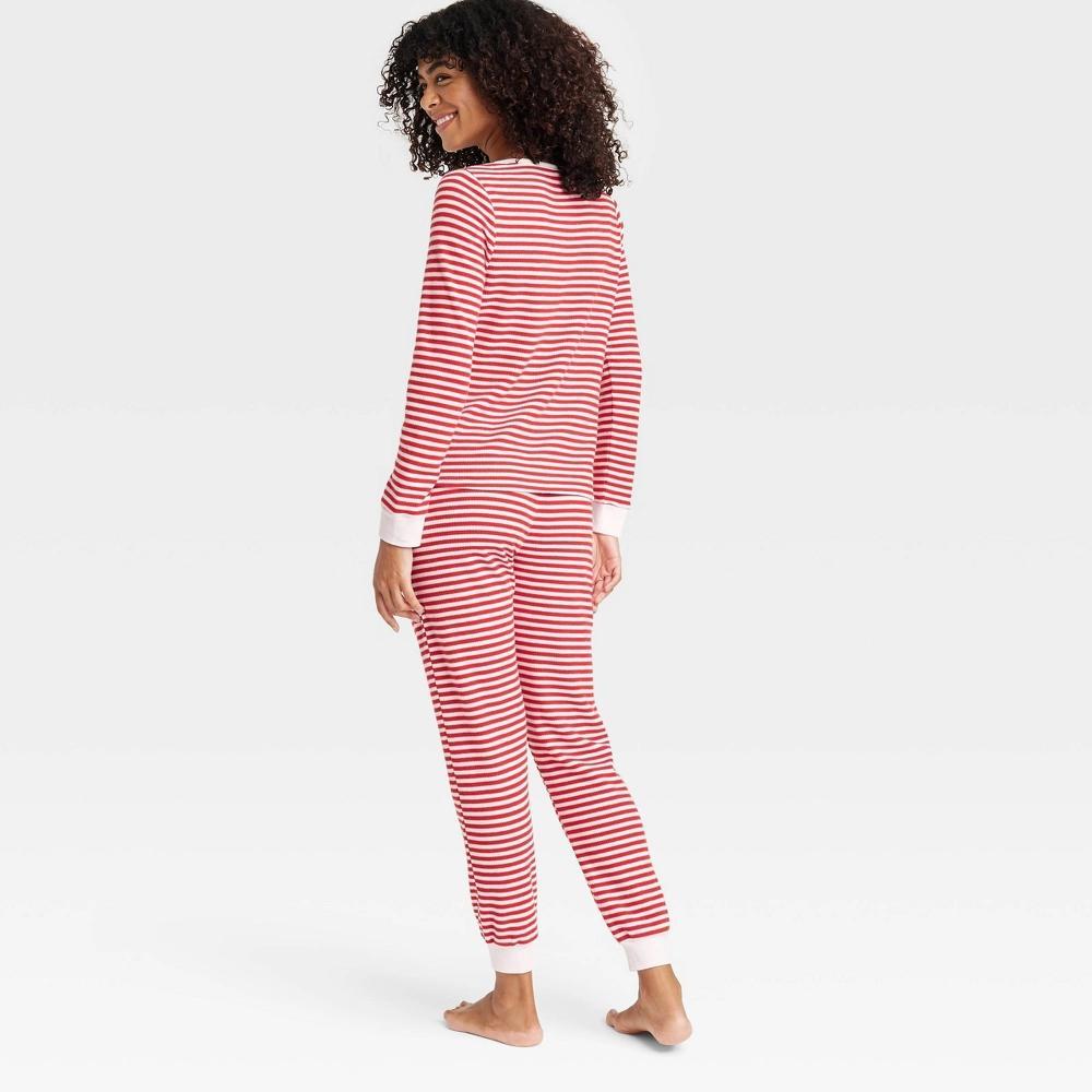 Women's Striped Thermal Long Sleeve Henley Top and Jogger Pants Pajama Set - Auden™ Red XL Product Image