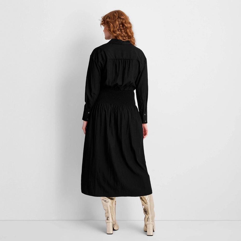 Womens Collared Long Sleeve Smocked Midi Shirtdress - Future Collective Black XS Product Image