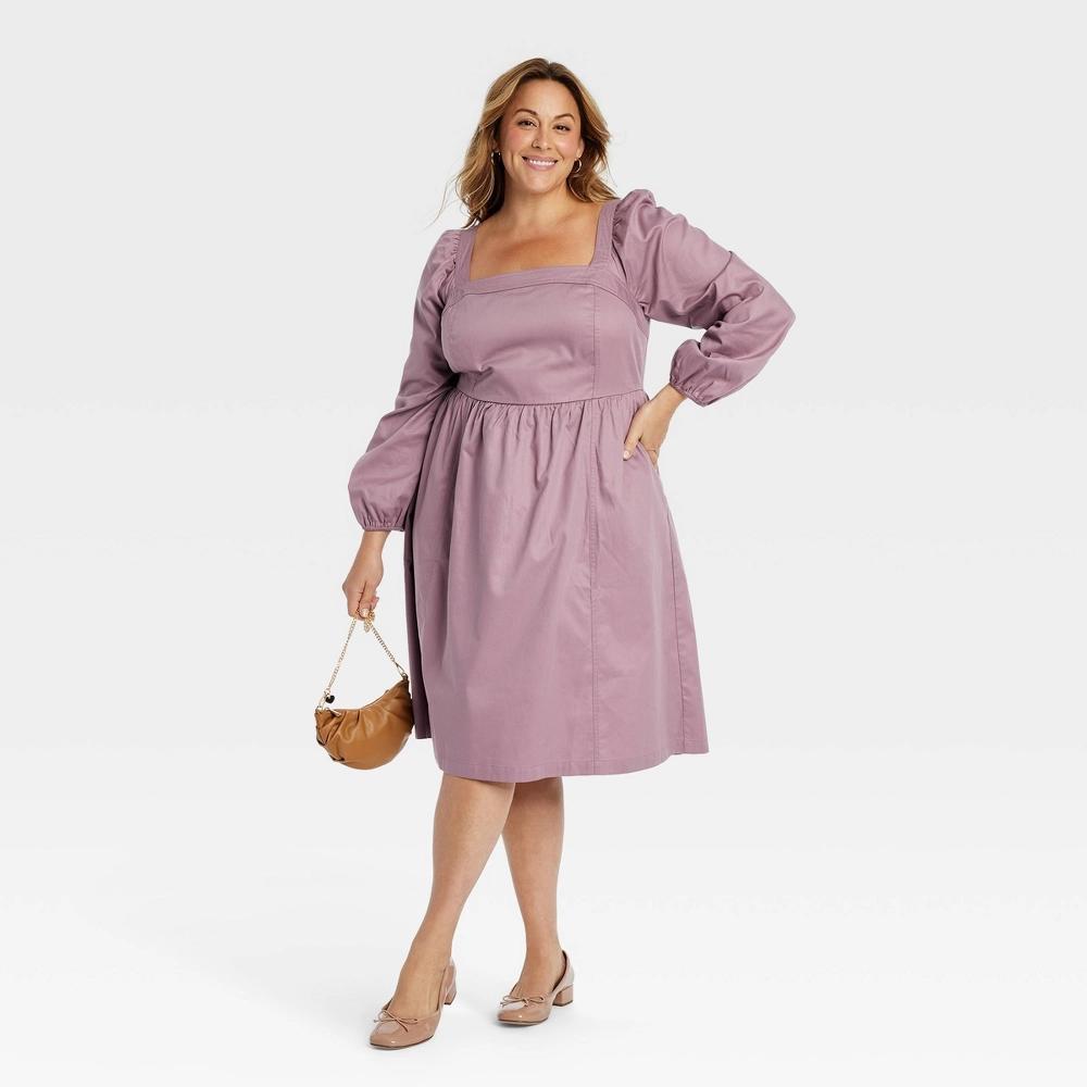 Women's Balloon Long Sleeve Woven Midi A-Line Dress - Ava & Viv™ Mauve 2X Product Image